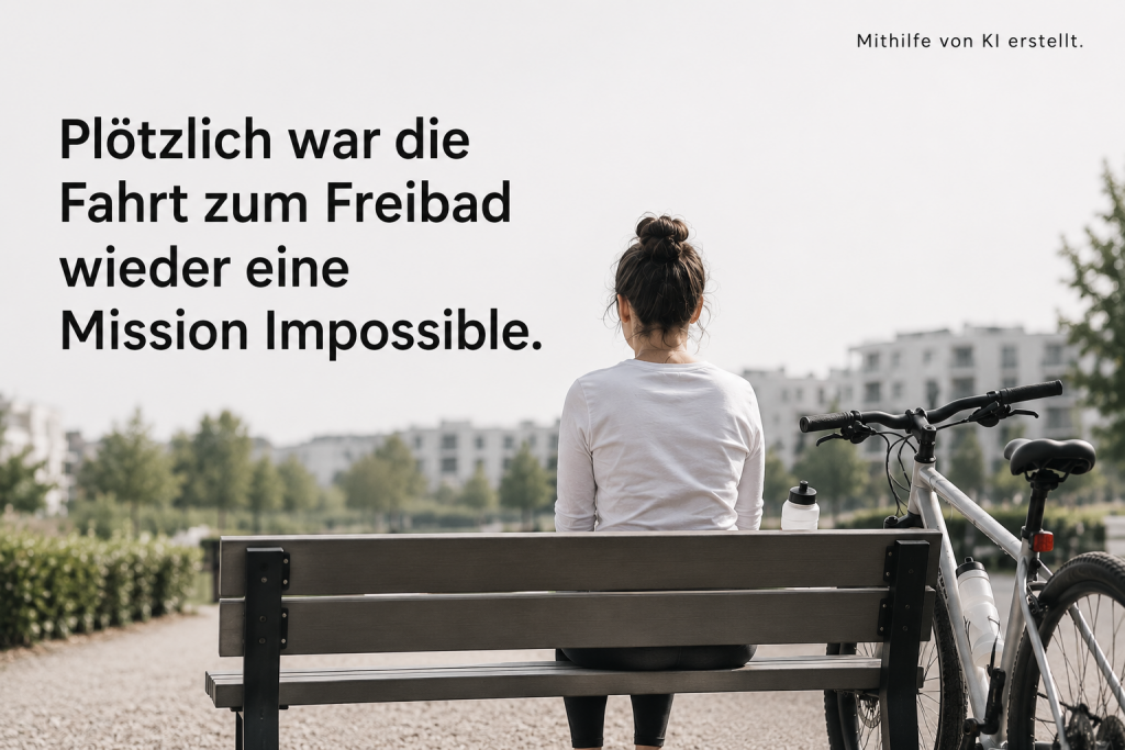 Bild im Beitrag Was wenn ich nie mehr gesund werde Frau mit Fahrrad sitzt erschöpft auf einer Parkbank - Alltag mit ME/CFS und Post Vac